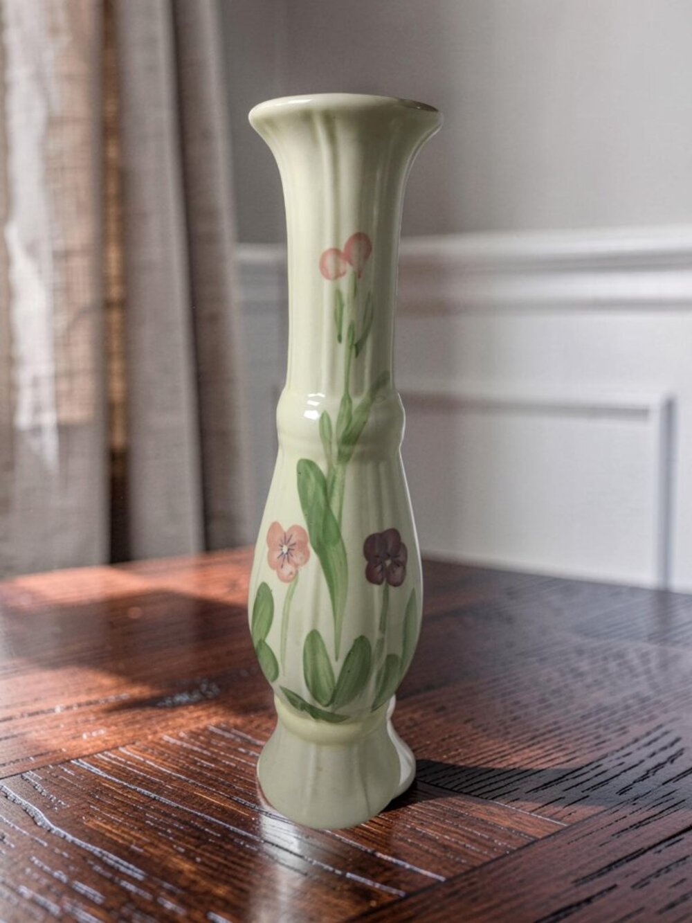 Vintage 1981 FTDA Ivory Ceramic Slender Tall Hand Painted Floral Motif Vase